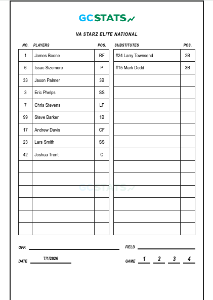 Printable GC Stats lineup card listing starters, player numbers, positions, and substitutions.