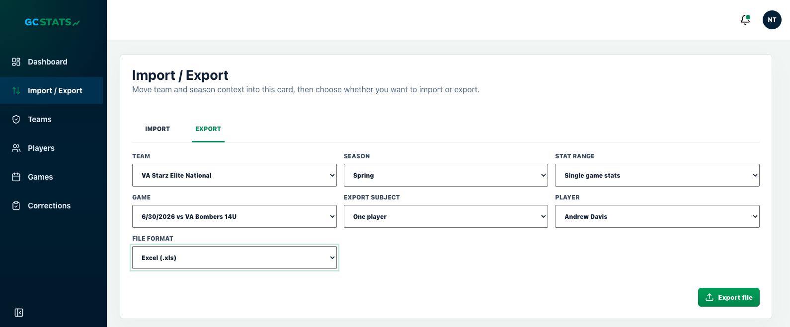 GC Stats export screen with team, season, stat range, player, and file format options.