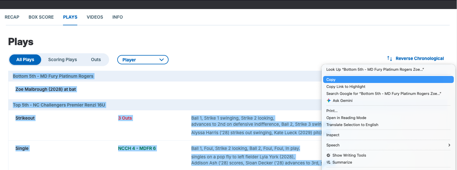 GameChanger Plays tab showing play-by-play text being copied for import.