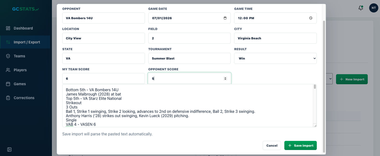 GC Stats import screen showing pasted GameChanger play-by-play ready to save.